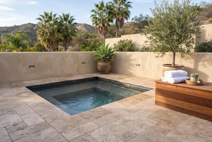 A built-in hot tub set into a natural travertine stone deck in a backyard, a low stucco privacy wall