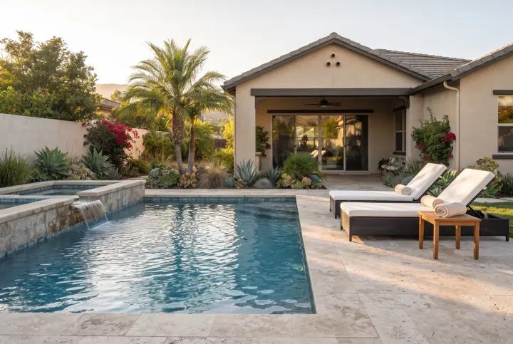 A backyard swimming pool with an attached raised spa spilling into the pool