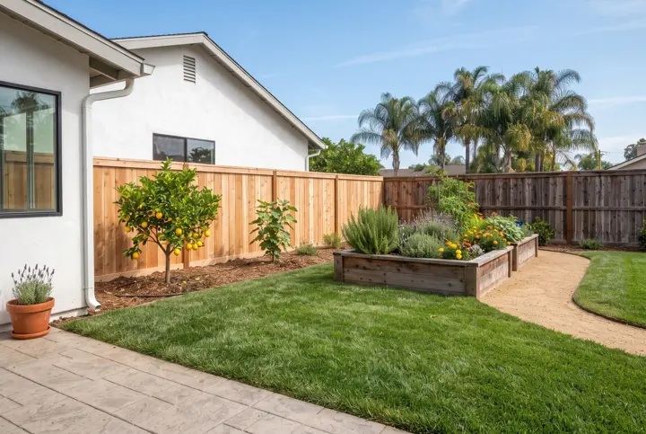 A sunny backyard with a neat green lawn, two small citrus and fig fruit trees