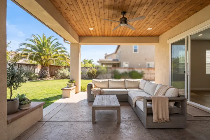 A covered backyard patio with a wood-plank ceiling and a black ceiling fan