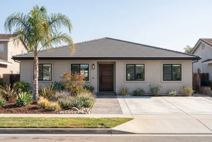A modern single-story stucco home with a new flat-profile concrete tile roof in charcoal gray