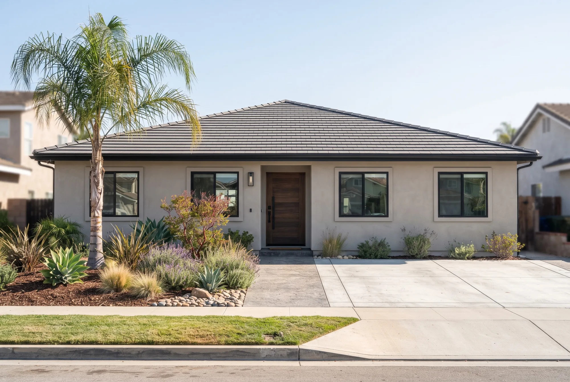 A modern single-story stucco home with a new flat-profile concrete tile roof in charcoal gray