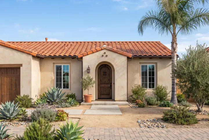 A Spanish-style stucco home with a new terracotta S-tile roof in warm orange-red tones