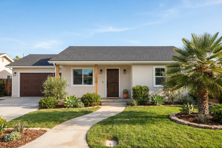 A single-story California ranch home with a new dark charcoal architectural asphalt shingle roof