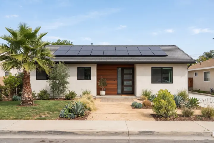A modern single-story stucco home with a new south-facing low-slope roof in dark gray tile and a neat array of black solar panels installed evenly on the roof