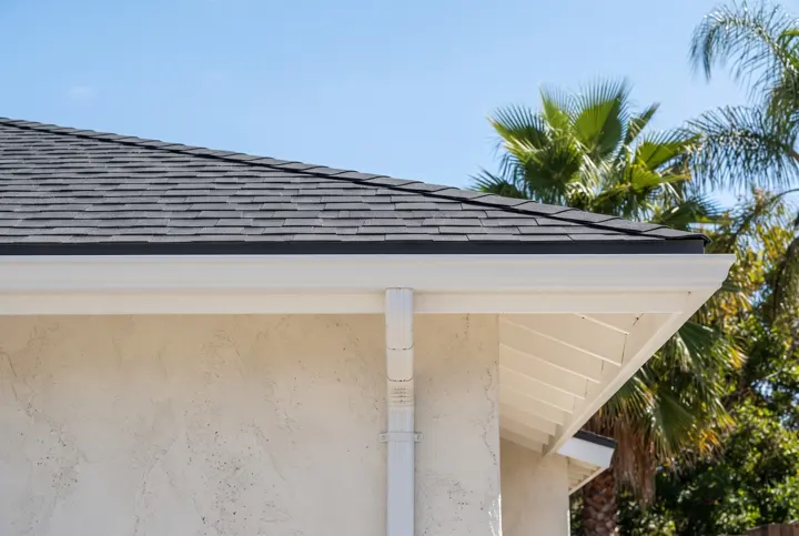 A close-up of a new dark gray architectural asphalt shingle roof edge with crisp even shingle courses