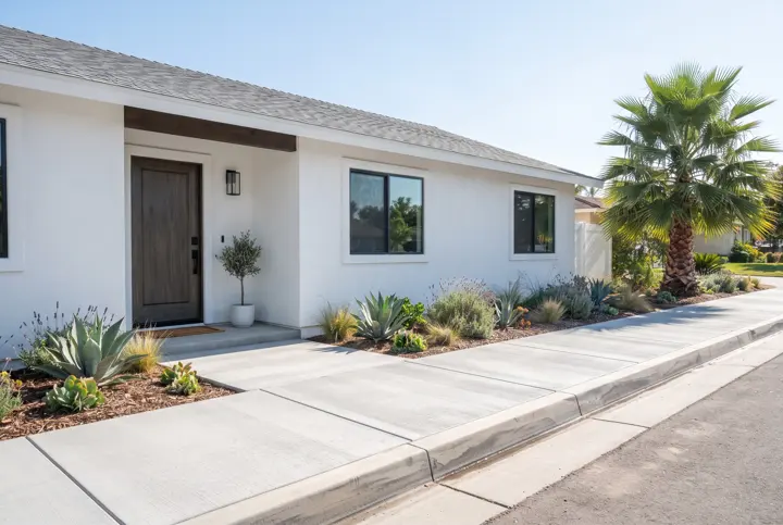 A new broom-finish concrete sidewalk with clean tooled joints running beside a single-story white stucco home