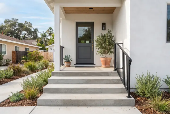 New poured concrete steps with crisp edges and a broom finish leading up to a front door of a white stucco home