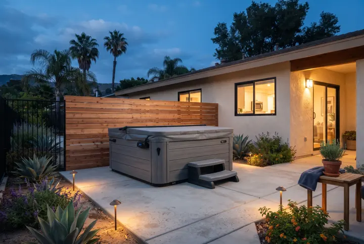 A new smooth concrete pad in a backyard with a modern gray hot tub set on it