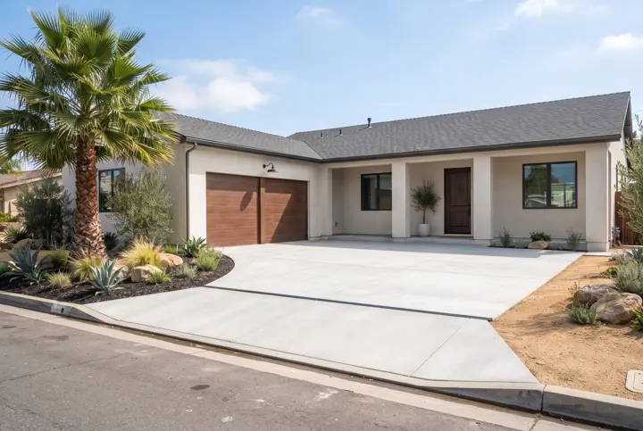 A wide new concrete driveway apron for a two-car garage of a modern stucco home