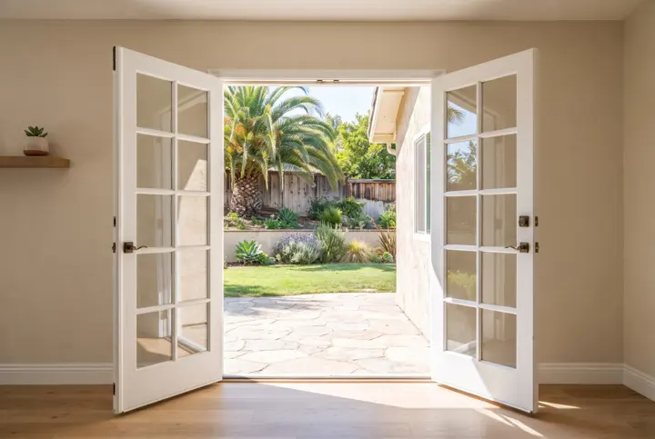 A pair of white-painted French doors with glass panes opening from a stucco home to a sunny backyard patio with a lawn and a palm tree