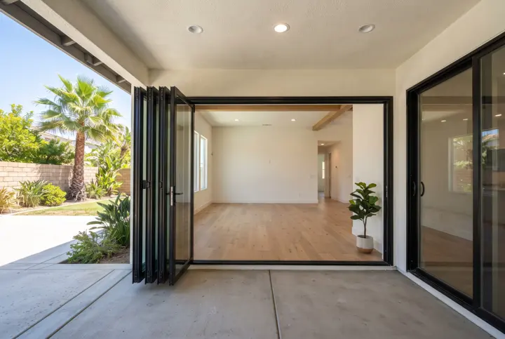 A wide bi-fold glass door wall with black frames fully opened onto a covered stucco patio and sunny backyard