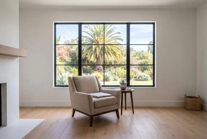 The interior of a bright living room with a large black-framed picture window looking out onto a lush garden with a palm tree and flowering shrubs