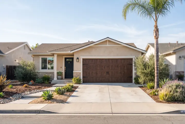 The front of a single-story stucco home with a two-car carriage-style garage door in dark stained wood with black hardware