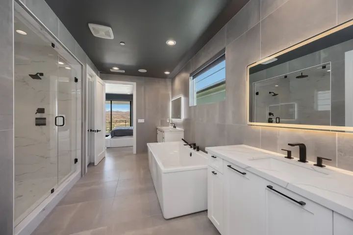 Spa-style primary bathroom with a soaking tub, glass shower and double vanity, bathroom renovation in Santa Clarita, CA, photo 19